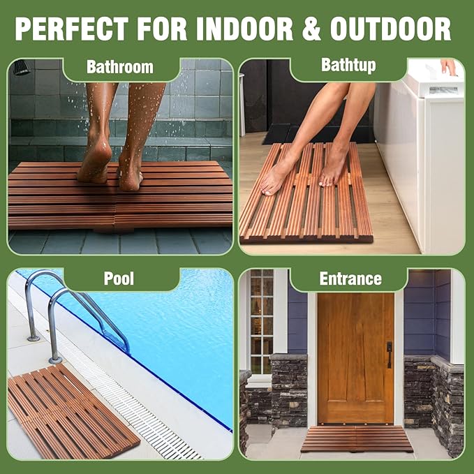 Teak Shower Mat, Foldable Luxury Wooden Shower Mat for Bathroom, Non-Slip Teak Bath Mat for Bathtub, Spa, Sauna, Pool, Indoor Outdoor Use, Wood Floor Mat for Home and Travel