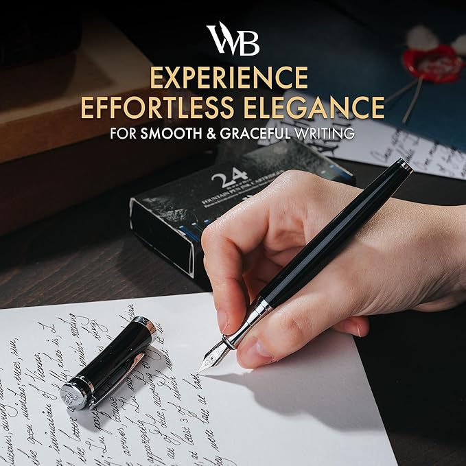 Wordsworth & Black Fountain Pen Set, Medium Nib, Includes 24 Ink Cartridges and Ink Refill Converter, Gift Case, Journaling, Calligraphy, Smooth Writing Pens [Black Chrome], Perfect for Men and Women