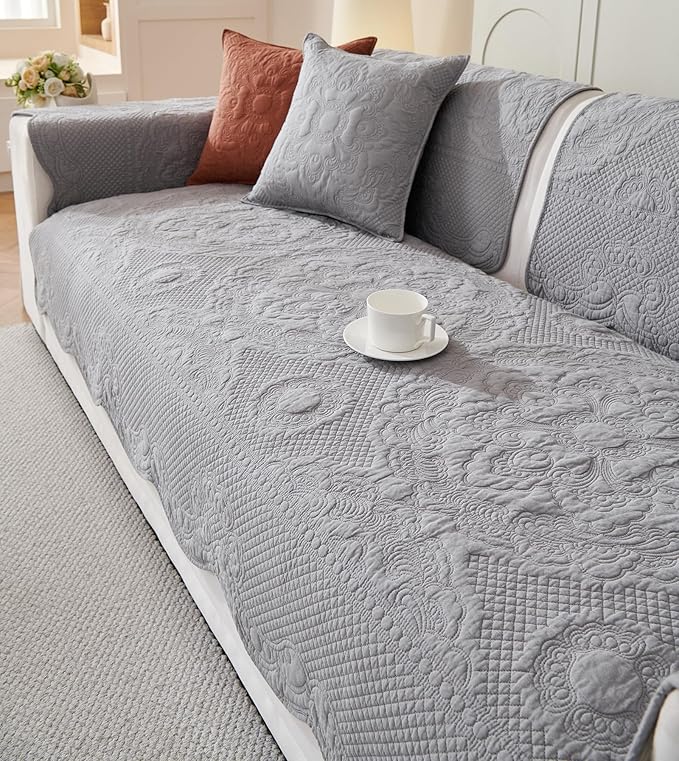 vctops Boho Cotton Quilted Couch Cover Soft Embroidered Sofa Cover Non-Slip Dog Bed Cover Scalloped Sofa Slipcover Washable Furniture Protector Cover (Light Grey,28"x35")