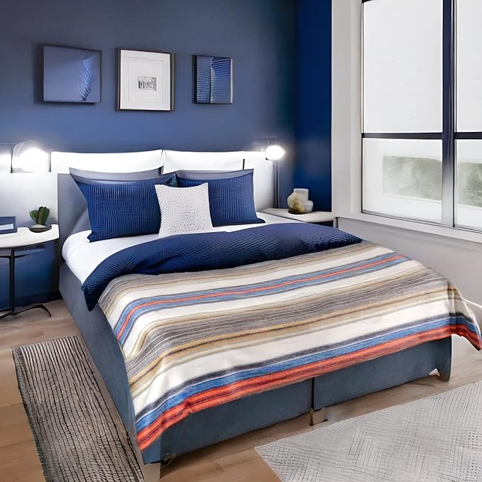 Alpaca Wool Throw Blanket | Warm, Ultra-Soft, 85" x 65" | Breathable, Non-Itchy Blanket-Throw | Hypoallergenic and Beautiful Fabric (Blue & Orange)