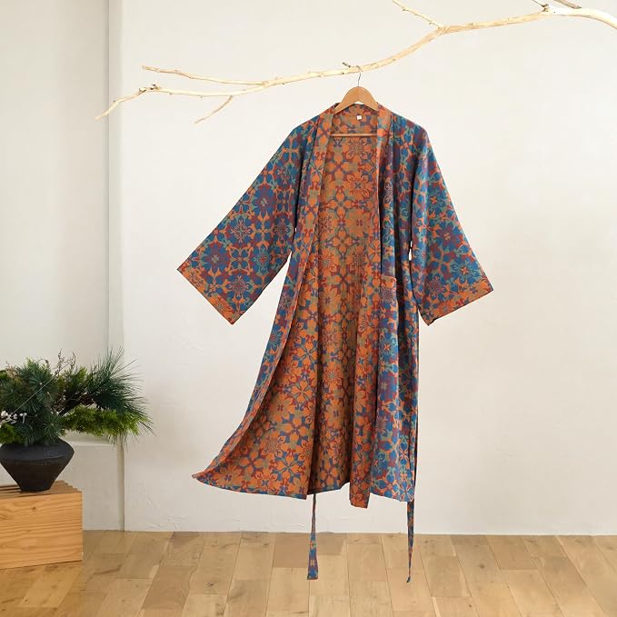 100% Cotton Gauze Ginkgo Leaf Kimono Robe, Long Knit Loose Bathrobe Nightgown Ladies Loungewear Sleepwear for Women