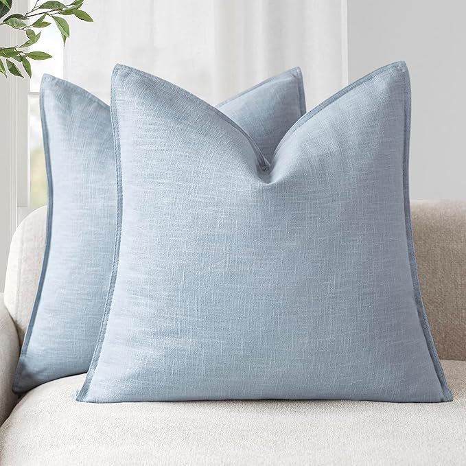 Foindtower Pack of 2, Decorative Linen Soild Throw Pillow Covers Soft Accent Euro Cushion Case Boho Farmhouse Pillowcase for Chair Couch Sofa Bedroom Living Room Home Decor 26 x 26 Inch Sky Blue
