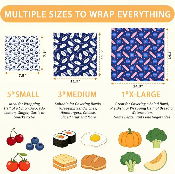 Reusable Beeswax Wraps, 9 Pack Eco-Friendly Food Covers, Organic, Sustainable, Zero Waste, Plastic-Free, For Sandwich, Snack, Bowl, 1XL, 3M, 5S, Assorted Blue & White Bread Bakery Pattern