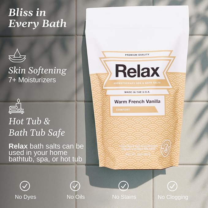 Relax Spa & Bath Aromatherapy Bath Salts for Hot Tub, Bath, or Spa, 2LB Bag Infused with Magnesium, Bath Salt for Soaking, Warm French Vanilla Scent