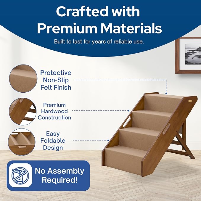 Stakmore Pet Steps with Solid Fruitwood Construction and Foldable Design, Stairs for High Beds for Pets in All Life Stages, Brown Felt
