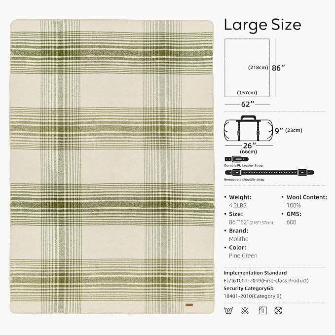 Molithe 100% Wool Blanket, 62" x 86", Warm, Thick, Washable, Military | Great for Camping, Outdoors, Sporting Events, Survival Kits PineGreen