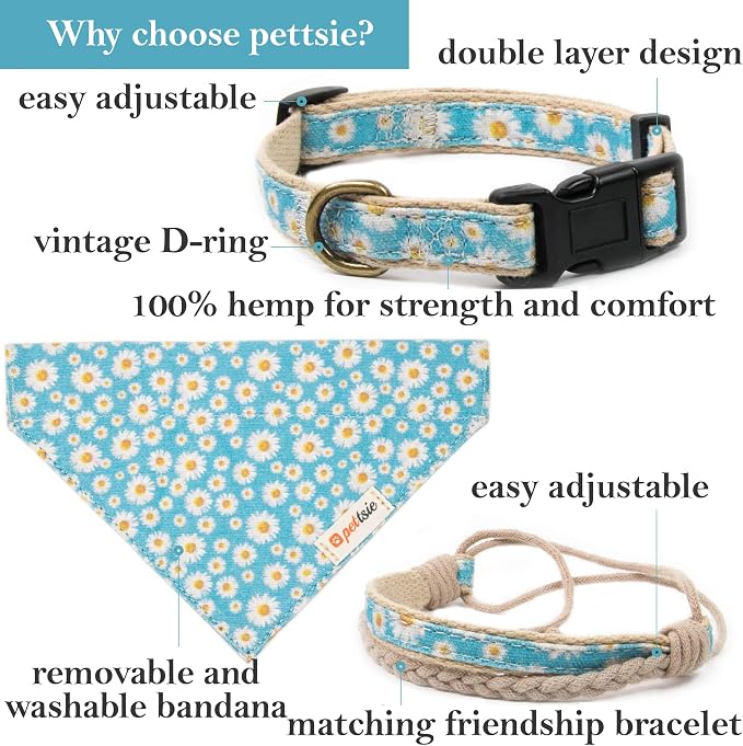 Pettsie Hemp Dog Bandana Collar & Matching Owner Friendship Bracelet | Matching Friendship Bracelet, Durable Hemp, Adjustable, Secure D-Ring, Soft & Comfortable, Turquoise