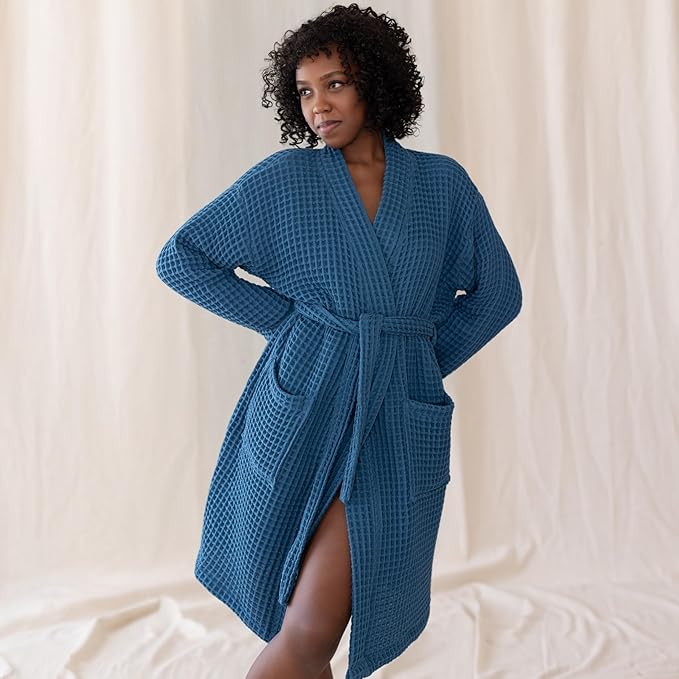 Womens Kimono Waffle Robe - Lightweight 100% Turkish Cotton Housecoat for All-Day Lounging - Bathrobe for Shower