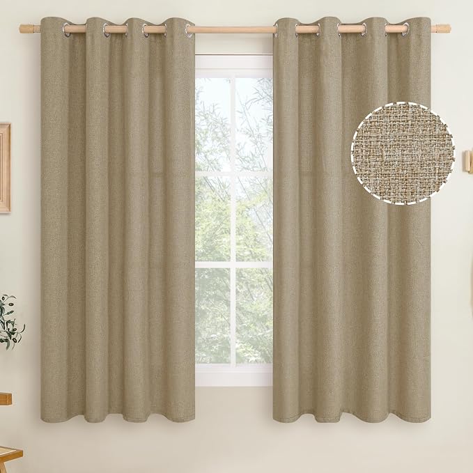 LAMIT Linen Textured Curtains for Living Room, 63 inches Long Grommet Thermal Insulated Thick Burlap Curtains Light Filtering Panels for Bedroom/Farmhouse, Set of 2 Panels, W52 x L63, Tan Brown