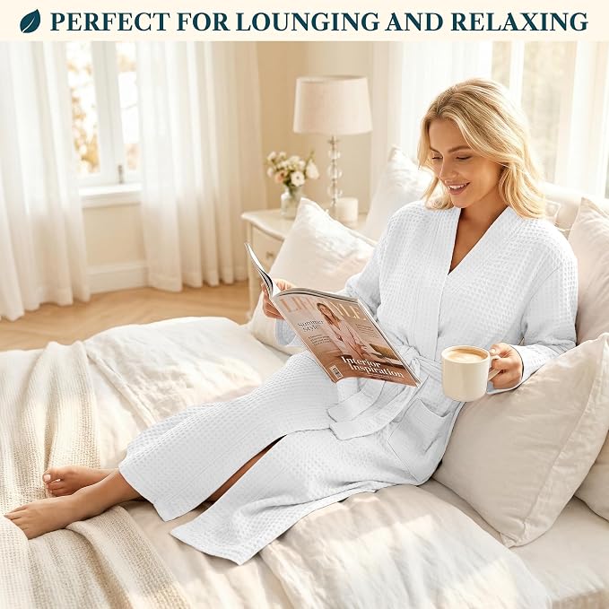 PAVILIA Womens Waffle Knit Robe Lightweight Cotton Blend Full Length House Bathrobe with Pockets