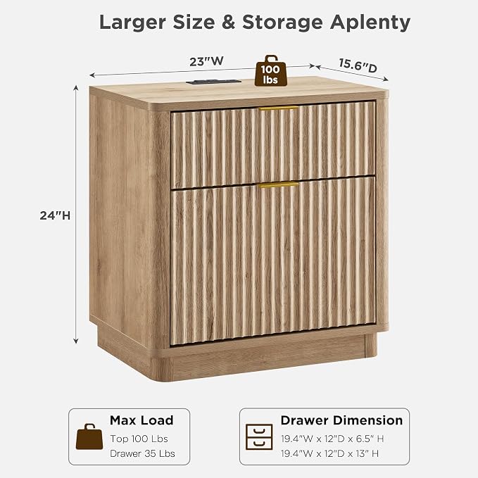 T4TREAM 23'' Fluted Nightstand Set of 2 with Charging Station, Large 2 Drawer Side Table, Modern End Table with Storage, Mid Century Bedside Table for Bedroom, Living Room, Curved Profile, Natural Oak