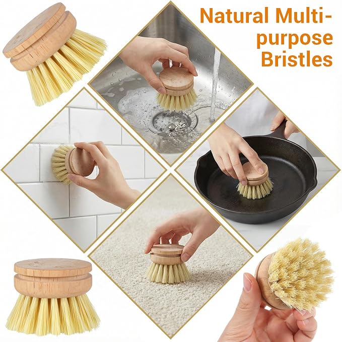 12 Pcs Bamboo Dish Brush Replacement Heads, Wooden Dish Brushes for Cleaning – Kitchen Wood Dish Scrubbers Washing Up Brush Heads Natural Bristle Brush Refills for Dishes, Pots
