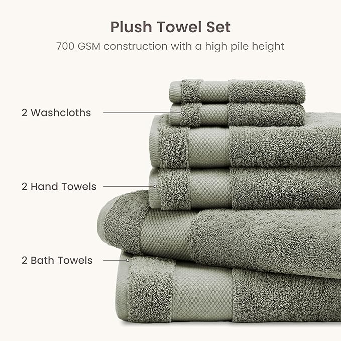 BIOWEAVES 100% Organic Cotton Bath Towel Set | 700 GSM Plush 6-Piece Premium Towel Set GOTS Certified, 2 Bath Towels, 2 Hand Towels & 2 Washcloths - Sage