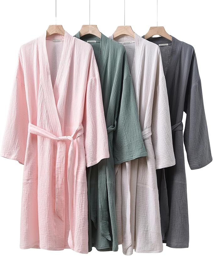 Women's Organic Cotton Bathrobe Long Sleeve Nightgowns Lightweight Waist-Tie Bath Robe for Home Spa Muslin Cotton Beach Wear