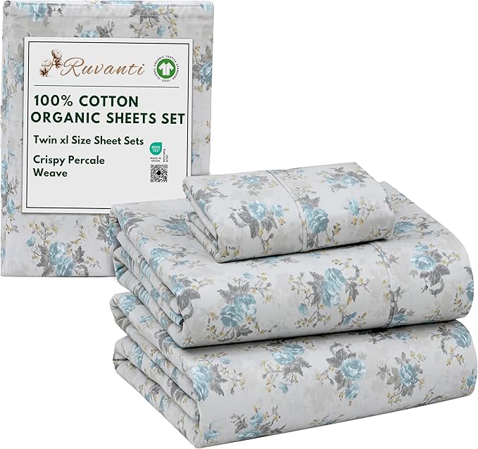 RUVANTI 100% Cotton Organic Percale Sheets Twin XL Size – Crisp Cooling Bed Sheets for Hot Sleepers, Deep Pocket 15”, Soft Peach Finish, Breathable & Durable Hotel-Style 3 Pcs, Blue Rose
