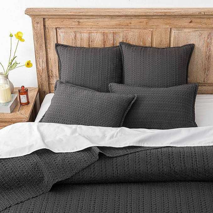 Foindtower Set of 2 Decorative Cotton Waffle Weave Throw Pillow Covers Euro Shams Cushion Covers Accent European Pillowcase for Bed Couch Sofa Bedroom Living Room Home Decor 26×26 Inch Dark Grey