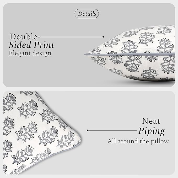 CPC 100% Cotton Throw Pillow Covers 20x20 Inch, Set of 2 Block Print Pattern Couch Pillow with Hidden Zipper, in Collabaration with Southern Source- Misty Grey Floral