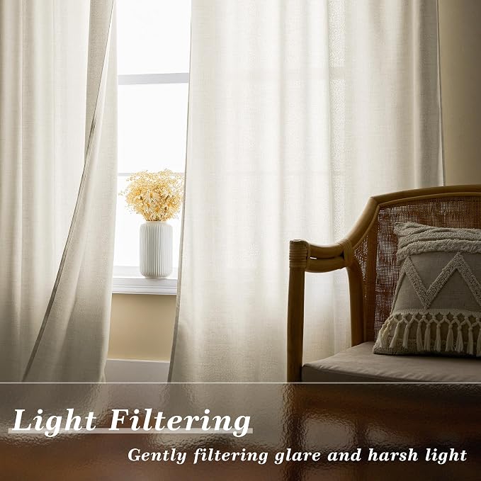 Natural Linen Curtains 45 Inch Length for Kitchen Bathroom Short Small Curtains 45 Inches Long Privacy Added Light Filtering Rod Pocket Hook Belt Semi Sheer Cafe Cream Window Drapes for RV