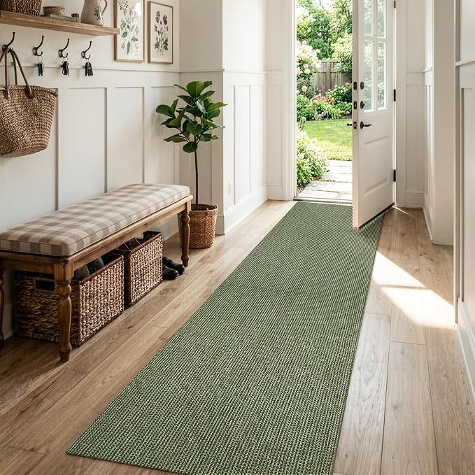 Uphome Long Hallway Runner Rug, 2x8 Washable Boho Kitchen Rug Runner, Non Slip Braided Cotton Famhouse Entryway Runner Rug Low Pile, Stain Resistant Floor Runner for Hallways Doorawy Bedroom, Green