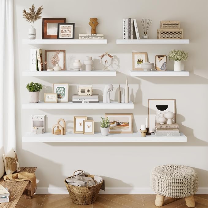 Fun Memories 48 Inch Floating Shelves for Wall - 10 Inch Deep Fireplace Mantel Shelf - Wood Floating Shelf for Wall - Large Storage Shelves Wall-Mount for Living Room & Bedroom - White - Set of 2