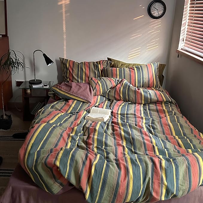 mixinni Vintage Striped Duvet Cover Set Queen Size - 3 Piece 100% Washed Cotton Bedding Set, Soft & Breathable, Colorful Striped Pattern Printed Comforter Cover for All Seasons