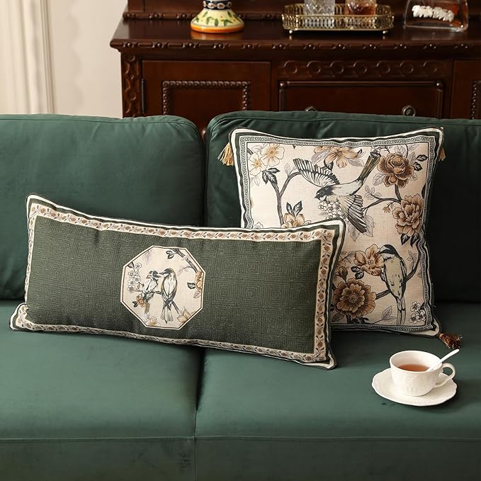 ISAENNE Design Linen Chinoiserie Lumbar Throw Pillow Covers 12"x28" Pack of 2, Farmhouse Cushion Covers with Yellow Floral Birds Pattern Decoration Pillowcases for Bed,Living Room,Outdoor,Car