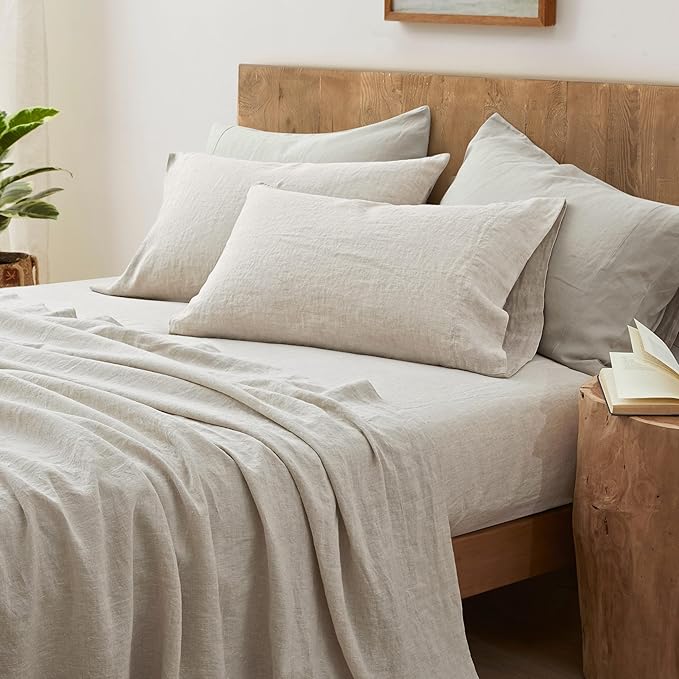 ATLINIA 100% Pure Flax Linen Bedding Set - Stone Washed French Linen Fabric Deep Pocket Fitted Sheet Farmhouse Flat Sheet 2 Pillowcases (Natural, King)