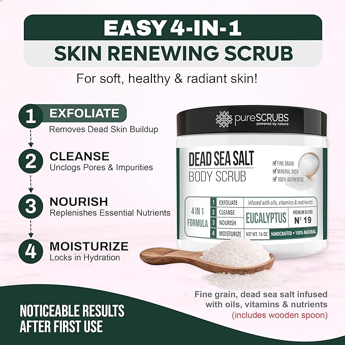 pureSCRUBS Premium Eucalyptus Body Scrub Set - Large 16oz Dead Sea Salt Body Scrub With Infused Essential Oils & Nutrients, Includes Wooden Spoon, Loofah & Oatmeal Exfoliating Bar Soap