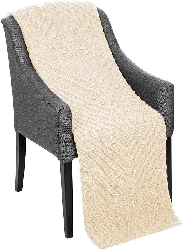 SAOL Irish Throw with Shamrock - 100% Merino Wool Aran Couch Blanket 48'' x 68'' (122 x 173 cm) (Natural)