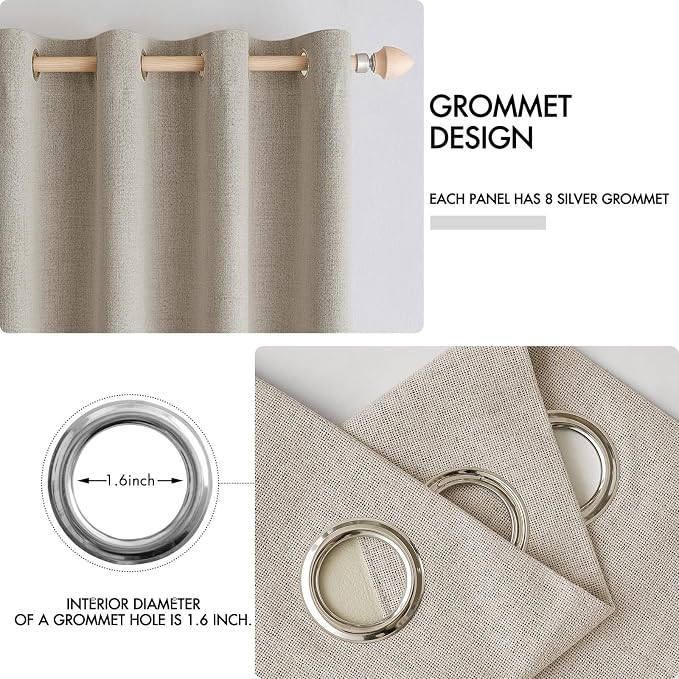 MIULEE 100% Blackout Linen Textured Curtains for Bedroom Solid Thermal Insulated Pebble Taupe Grommet Room Darkening Curtains & Drapes Luxury Decor for Living Room 52 x 54 Inch (2 Panels)