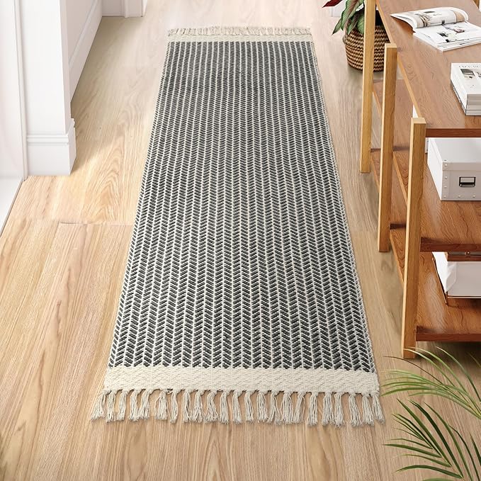 Lahome Belle Boho Hallway Runner Rug, 2x6 Laundry Room Lightweight Entry Bathroom Woven Cotton Throw Mat with Tassels, Farmhouse Non Shedding Washable Grey Rug Low Pile Runner for Kitchen