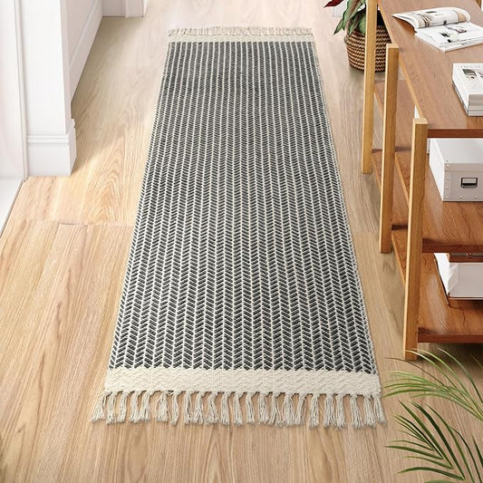 Lahome Belle Boho Hallway Runner Rug, 2x6 Laundry Room Lightweight Entry Bathroom Woven Cotton Throw Mat with Tassels, Farmhouse Non Shedding Washable Grey Rug Low Pile Runner for Kitchen