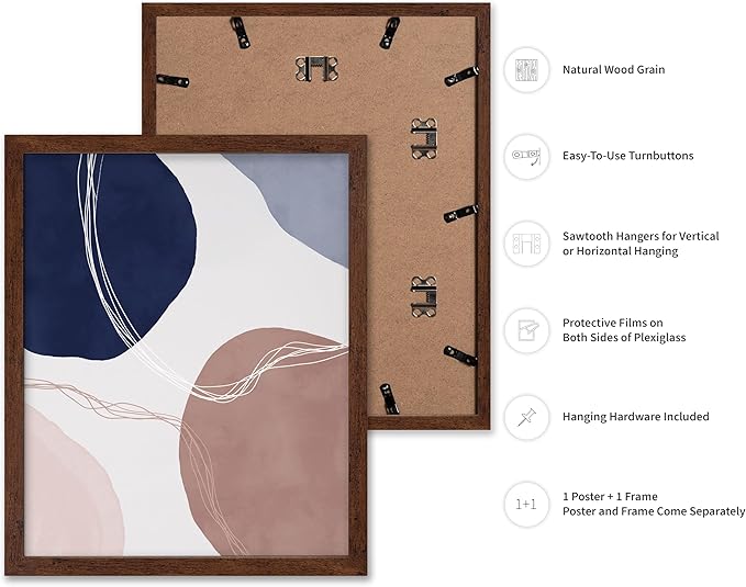 Monem Art Abstract Organic Shapes Print - Scandinavian Blue Geometric Poster - Wall Decor for Living Room, Bedroom or Office - 8x10 Brown Framed Wall Art by Mareike Bohmer