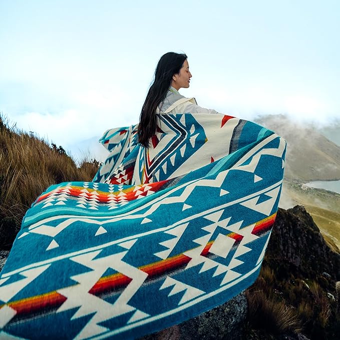 Alpaca Wool Throw Blanket, Native Design Wool Blanket, Throw Aztec Pattern Alpaca Wool Throw Blanket (Aquamarine, Queen 93" x 82")