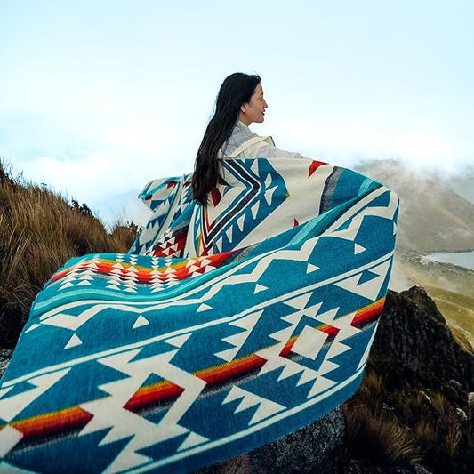 Alpaca Wool Throw Blanket, Native Design Wool Blanket, Throw Aztec Pattern Alpaca Wool Throw Blanket (Aquamarine, Queen 93" x 82")