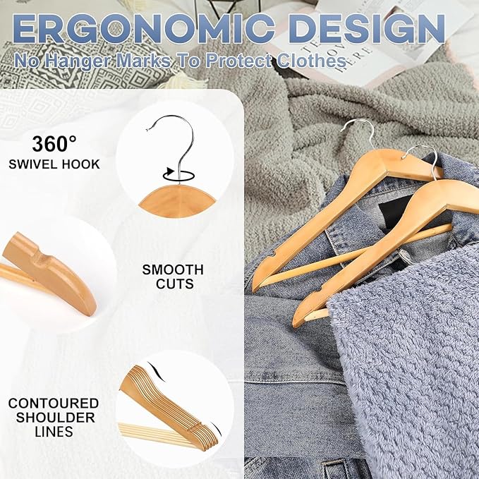 Wooden Hangers 8 Pack, Heavy Duty Wood Hangers for Coats, Suits, Jackets, Closet & Pants Durable Premium Wood Hanger with 360-Degree Rotatable Hook and Notches, Natural