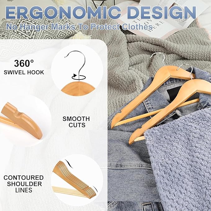 Wooden Hangers 80 Pack,Wood Hangers for Coats, Suits, Jackets, Closet & Pants Durable Premium Wood Hangers with 360-Degree Rotatable Hook and Notches, Natural