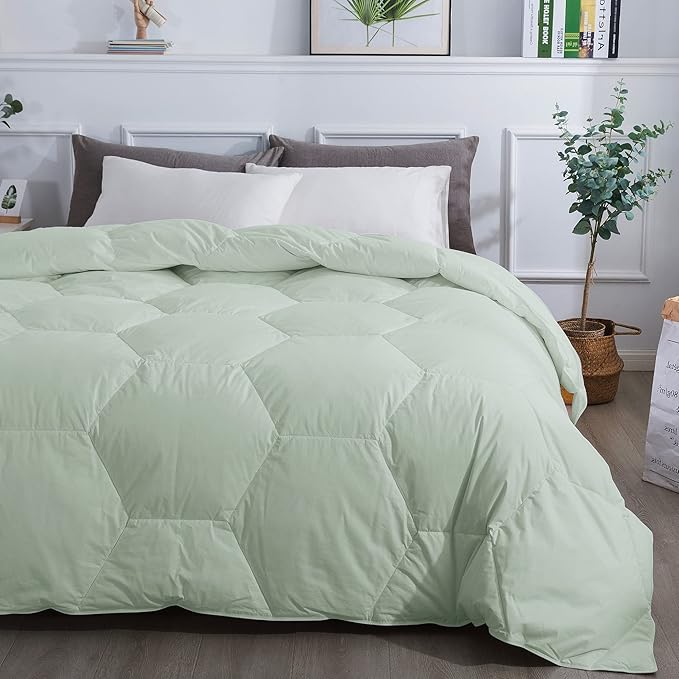 Feather and Loom Honeycomb Stitch Down Alternative All Season Comforter - Soft and Easy Care Microfiber Cover, Hypoallergenic High Loft Fiber Fill, Machine Washable - Color: Light Green Size: King
