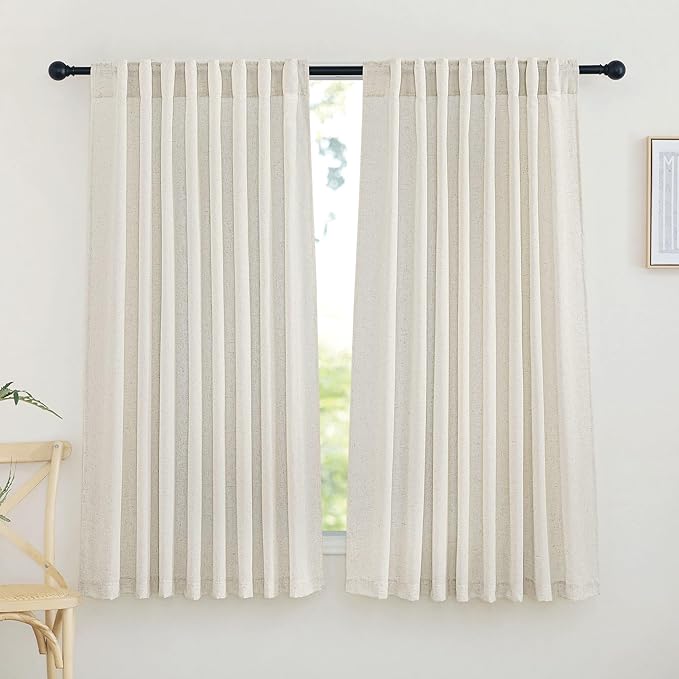 NICETOWN Natural Linen Bedroom Curtains & Drapes, Rustic Rod Pocket & Back Tab Semi Sheer Privacy Added Window Curtains Light Filtering for Kids Room/Nursery, 68" W x 63" L, 2 Panels