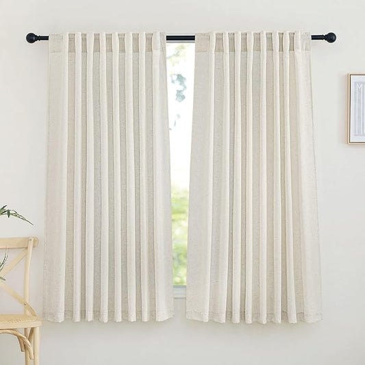 NICETOWN Natural Linen Bedroom Curtains & Drapes, Rustic Rod Pocket & Back Tab Semi Sheer Privacy Added Window Curtains Light Filtering for Kids Room/Nursery, 68" W x 63" L, 2 Panels