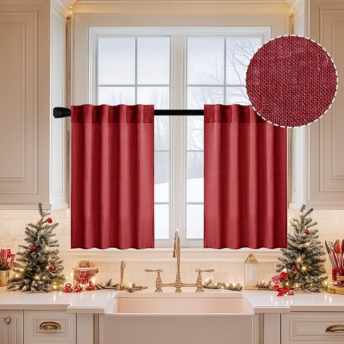 MIULEE Burgundy Red Kitchen Curtains 36 Inch Length 2 Panels, Soft Thick Linen Textured Semi Sheer Light Filtering Short Cafe Tier Curtains for Small Half Window Back Tab Rod Pocket Christmas Decor