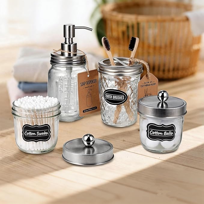 Amolliar Mason Jar Liquid Soap Dispenser, Stainless Steel Mason Jar Lid & Pump, Refillable Hand Soap Dispenser, Lotions, Dish Soap Bottle for Kitchen Bathroom, Bathroom Decor, Brushed Nickel 2 Pack