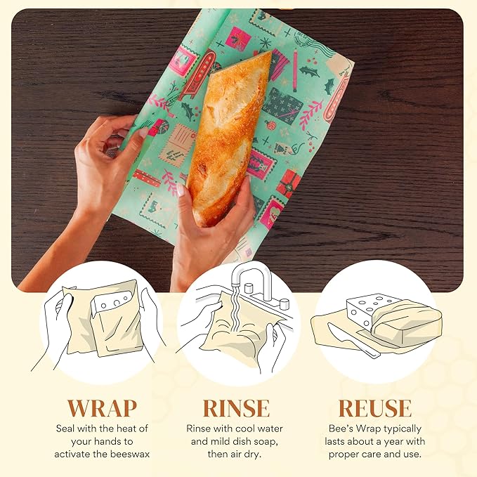 Bee's Wrap Beeswax Wraps for Food - Cut to Size 14x52" Beeswax Wrap Roll - Plastic Free Made in USA Reusable Natural Food Wrap - Seasons Greetings