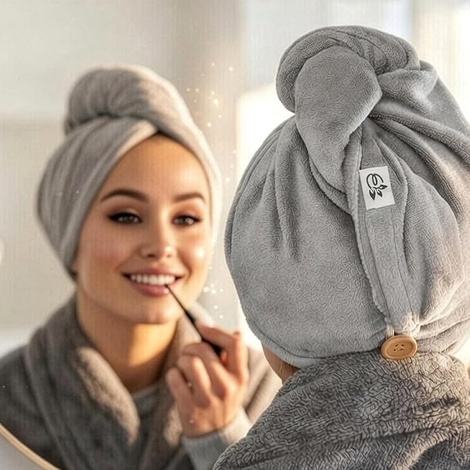 Evolatree Ultra Soft Microfiber Hair Towel Wrap with Wooden Button – Quick-Dry Anti-Frizz Turban for Women, Thoughtfully Designed for Mindful Hair Care – Gray