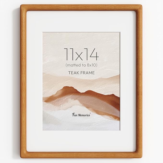 11x14 Picture Frame, USA-Sourced Teak Wood Picture Frame 11 x 14, Photo Frame with High Tempered Glass, 11 by 14 Wooden Frame Matted to 8x10 Photo Wall Mounted, Teak Color, 1 Pack