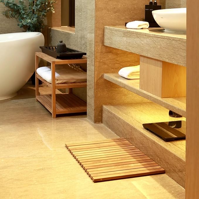 Nordic Teak 100% Solid Teak Wood String Mat - Indoor and Outdoor Use - Non-Slip Wooden Platform for Sauna, Pool, Hot Tub Flooring Decor and Protector (Natural Finish, 23.62" x 15.75")