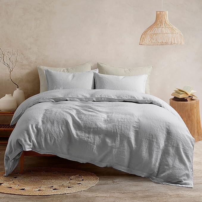ATLINIA 100% Flax Linen Duvet Cover Set - Stone Washed Pure French Linen Organic Fabric for Farmhouse Comforter Boho Bedding Included 1 Duvet Cover 2 Pillow Shams(Light Grey, California King)