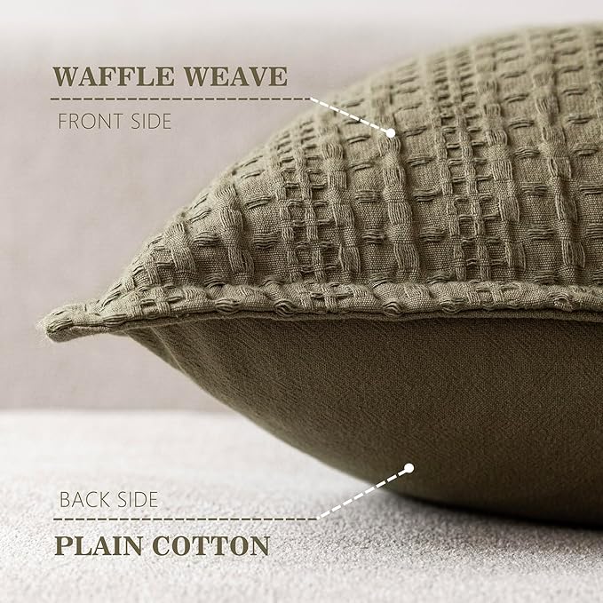 Foindtower Set of 2 Decorative Cotton Waffle Weave Throw Pillow Covers Euro Shams Cushion Covers Accent European Pillowcase for Bed Couch Sofa Bedroom Living Room Home Decor 26×26 Inch Olive Green