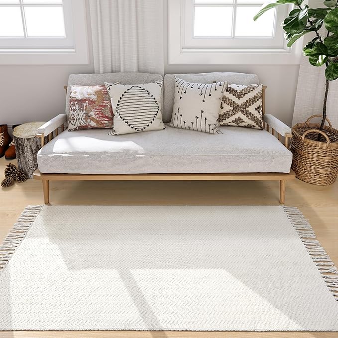 Lahome Belle Boho Rugs for Entryways, 3x5 Kitchen Rug Lightweight Bedroom Rugs Washable Bath Mat with Tassels, Farmhouse Cotton Beige Living Room Low Pile Throw Rug for Laundry Office Decor