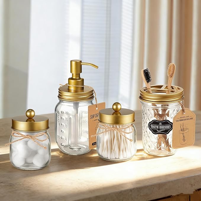 Amolliar Mason Jar Liquid Soap Dispenser -Rustproof Stainless Steel Farmhouse Decor for Bathroom Vanities,Kitchen Sink/ Liquid Soap Pumps for Hand Soap,Dish Soap,Lotions/Golden -2 Pack